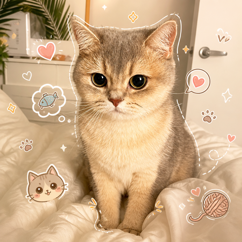 Cat photo decorated with cute kawaii doodles