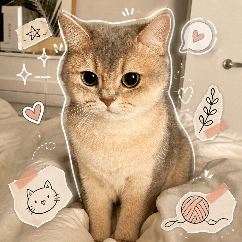 Cat photo decorated in a sticker collage doodle style