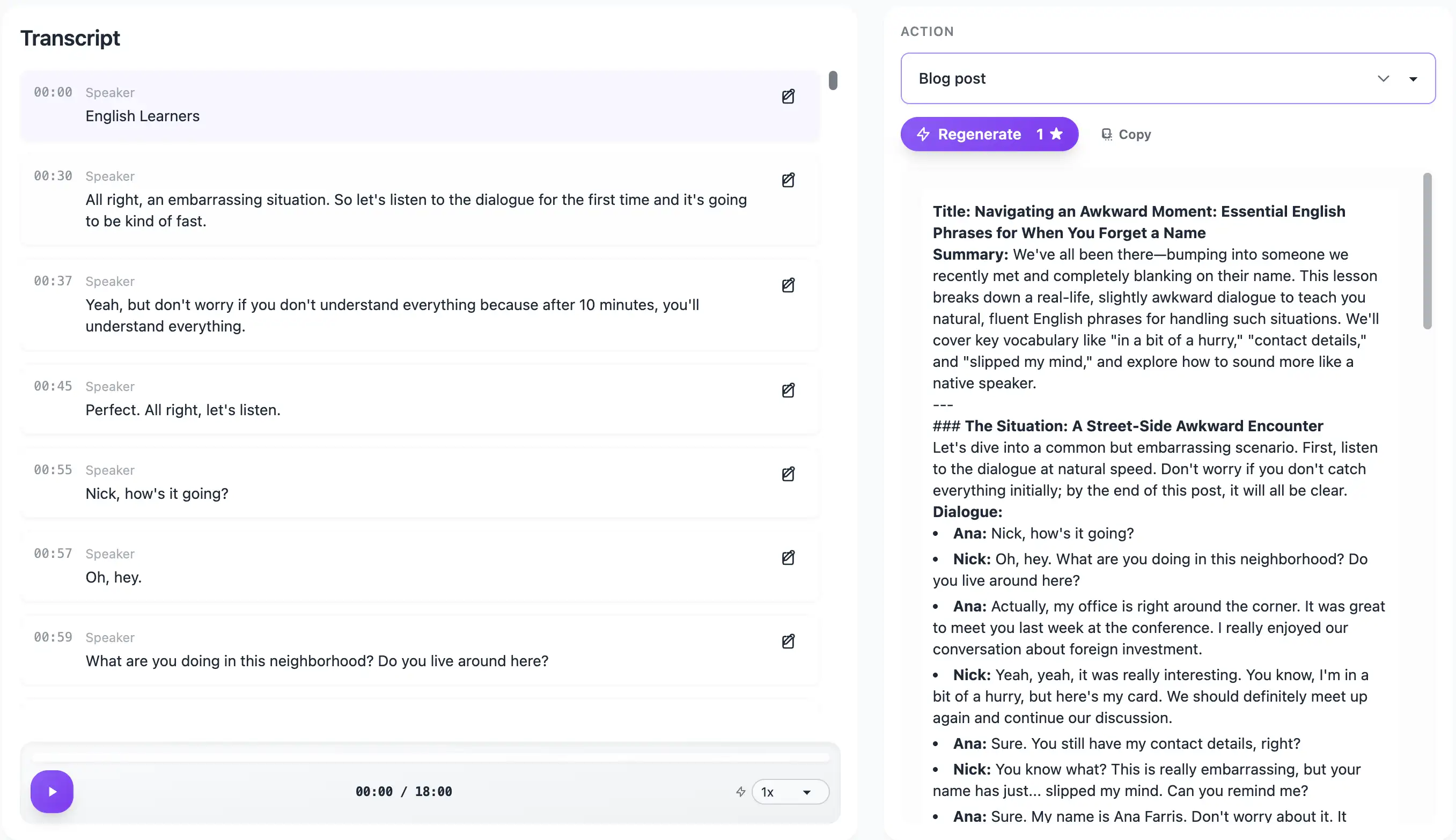 Podcast to blog post converter - AI summary and key points from long audio
