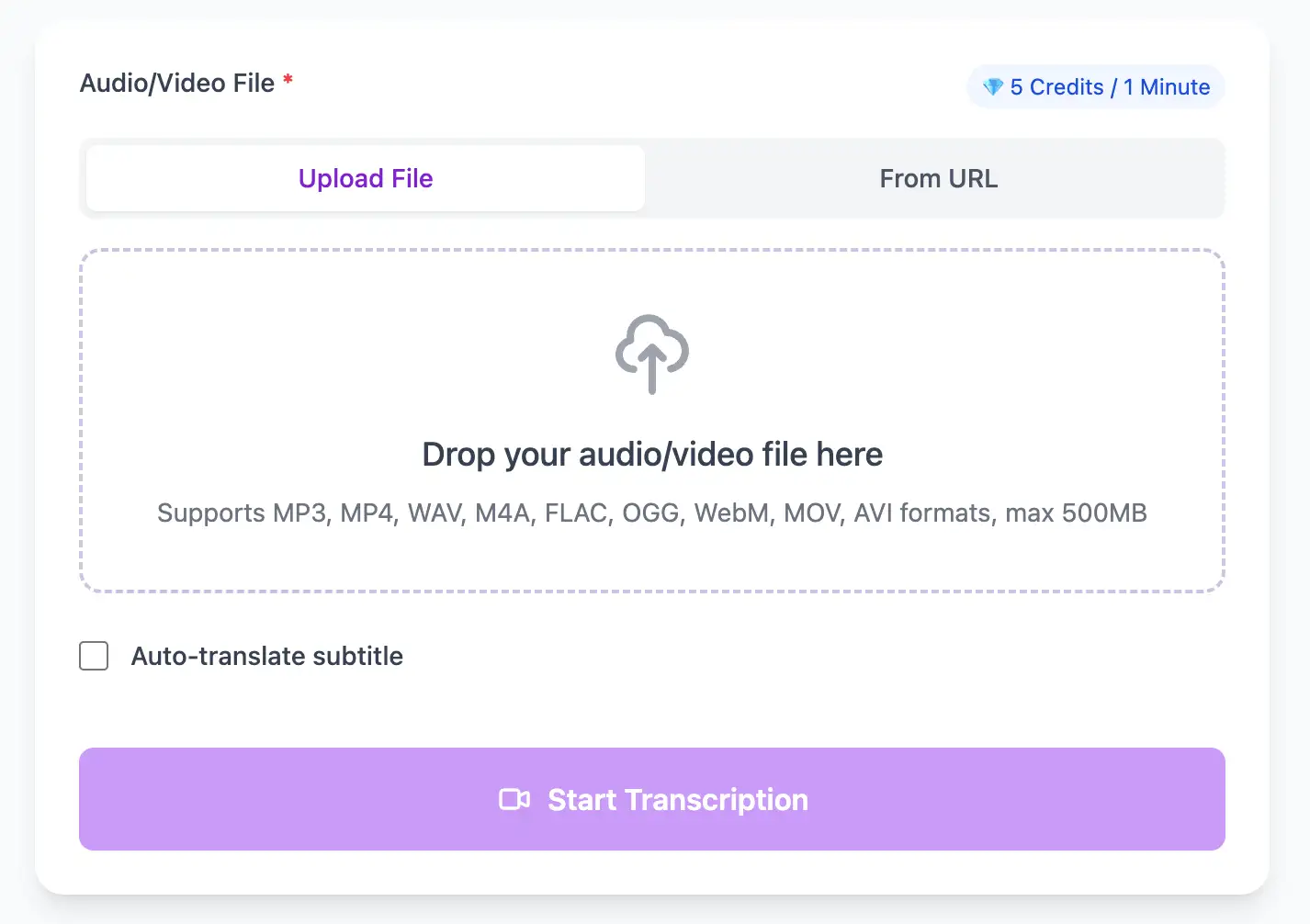 AI-powered audio and video transcription interface
