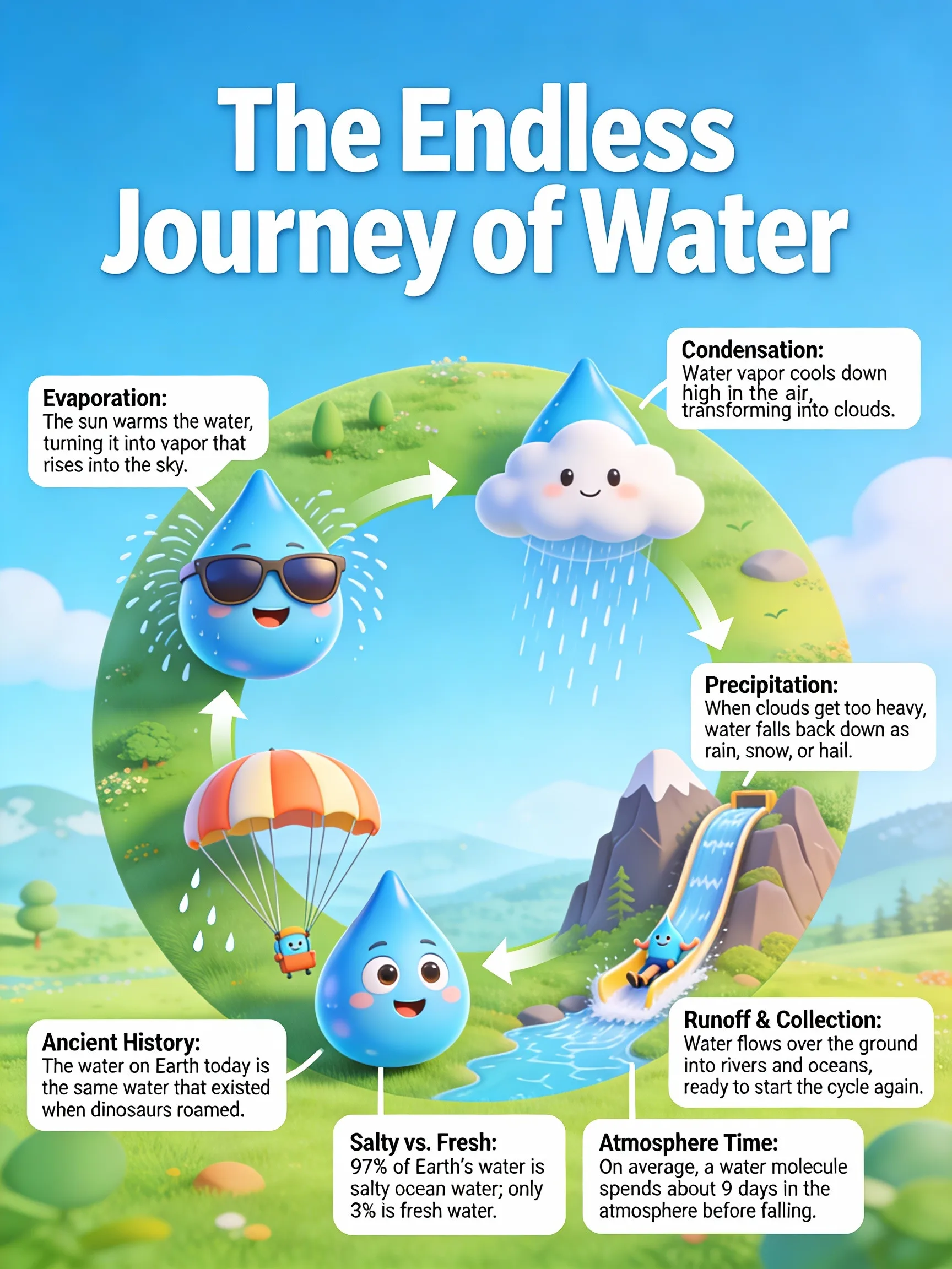 Cute Pixar style water cycle infographic
